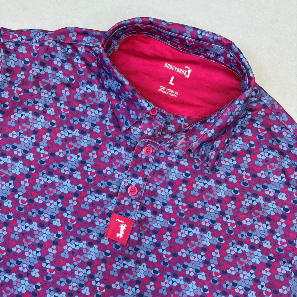 Bogey Bros Polo Shirt Mens Large Pink Blue Geometric Scale Performance Golf